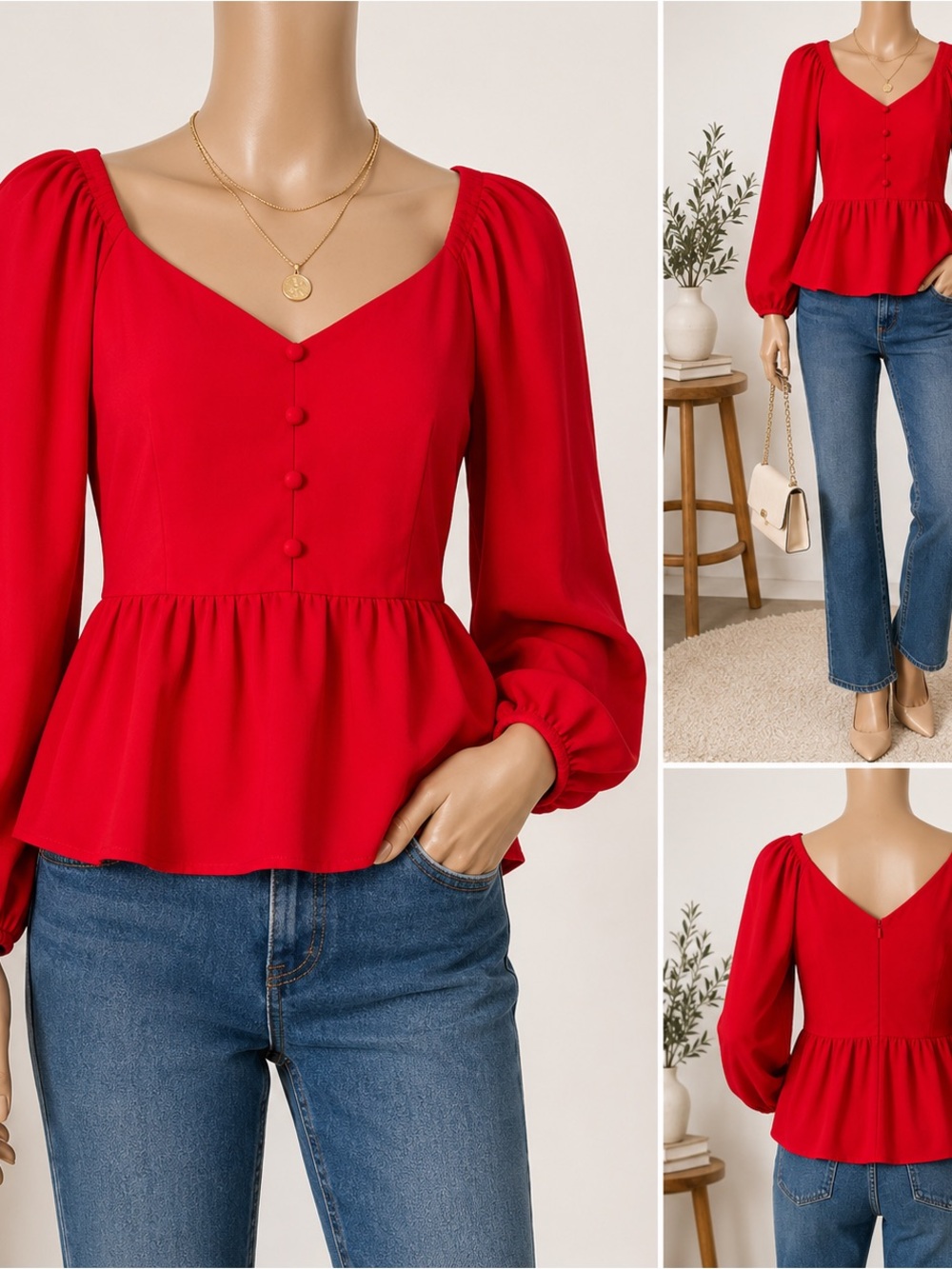 Andree by Unit Womens Small Red Peplum Blouse Puff Sleeve Button Front Top